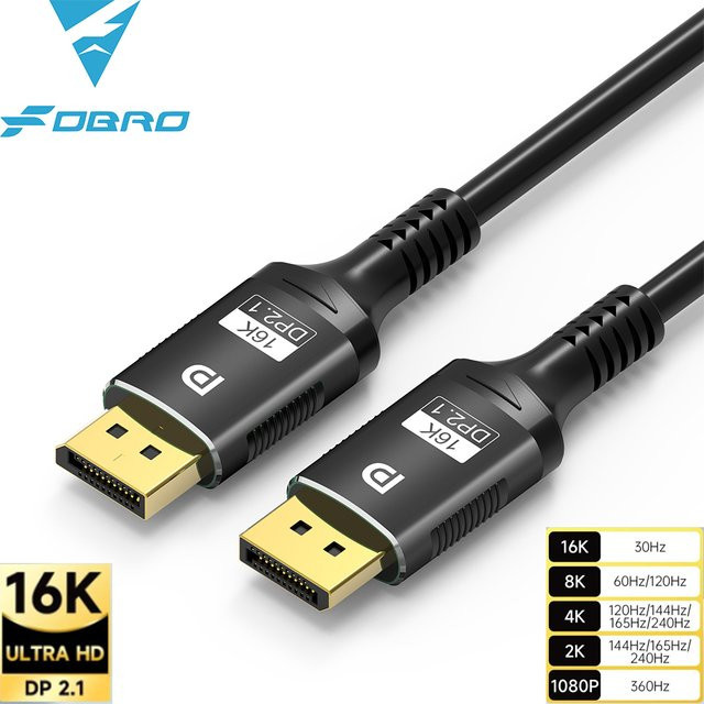 FDBRO DisplayPort 2.1 Kabel in Schwarz für 16K, 8K@120Hz und 4K@240Hz mit 80Gbps und HDR für Gaming Monitor, Laptop und Projektor - Bild 1