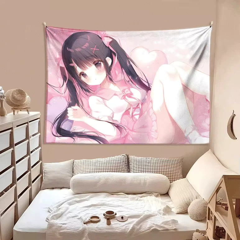 VIKAMA Wandteppich Rosa Anime-Mädchen Illustration im Y2K Stil, Breite: 60,0 cm, Höhe: 40,0 cm - Bild 1