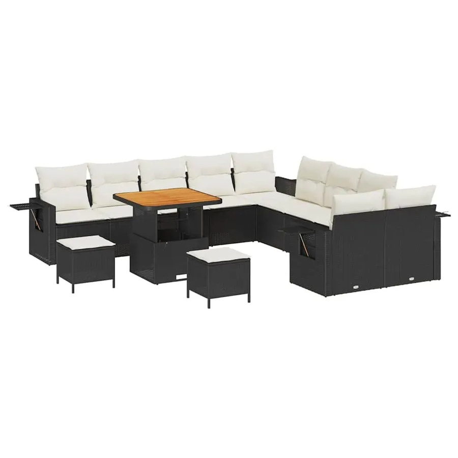 vidaXL Garten-Sofa-Set 13-teilig aus Poly-Rattan und Akazienholz in Schwarz-Creme mit Polstern - Bild 2