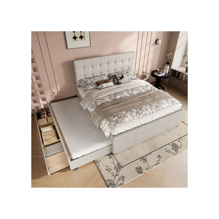 MUVOE Doppelbett aus Massivholz mit Aufbewahrungsschubladen und verstellbarem Kopfteil, Farbe: Beige, B/T/H: 140 x 200 cm - Bild 2