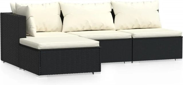 vidaXL 4-tlg. Garten-Lounge-Set in L-Form aus schwarzem Poly-Rattan mit Auflagen und pulverbeschichtetem Stahlgestell - Bild 1