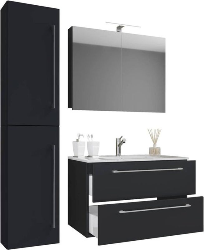 VCM Badinos 4-tlg. Badezimmer-Set in Schwarz mit Keramik-Waschtisch, Spiegelschrank und Hochschrank, B/H/T: 81 x 151 x 46 cm - Bild 2