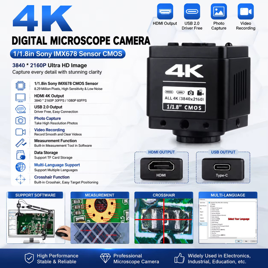 Digitales 4K Mikroskop von Nice-power mit IMX678 Sensor, HDMI und USB-C Anschlüssen, Schwarz, inklusive 150X Objektiv mit großem Arbeitsabstand - Bild 2