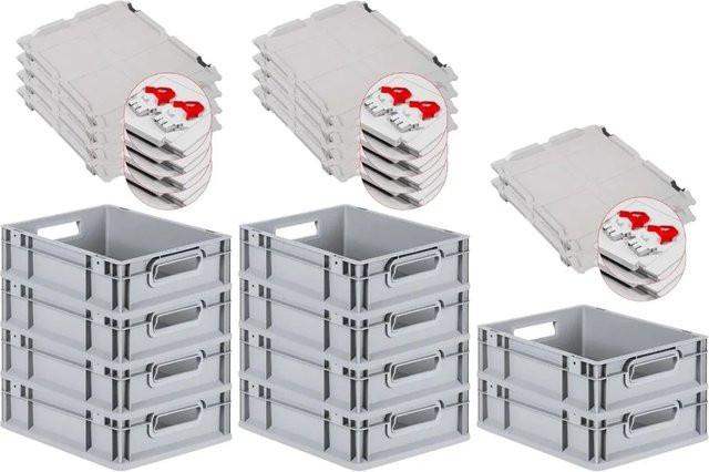 PROREGAL SuperSparSet 10x Eurobox NextGen Grip mit Scharnierdeckel und roten Schiebeschnappverschlüssen, Grau, H x B x T: 12 x 30 x 40 cm - Bild 1