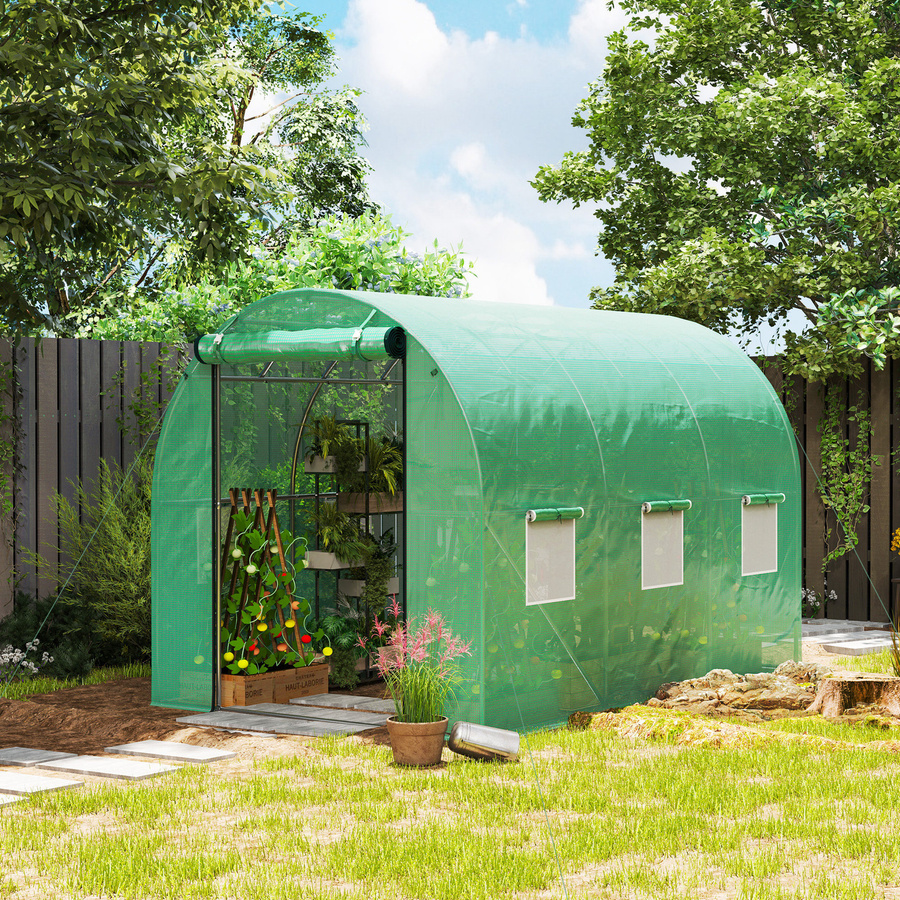 Outsunny Gewächshaus Grün, UV-beständiges Foliengewächshaus mit 6 Fenstern und Rolltür, Winterfestes Tomatenhaus mit Erdanker, B/T/H: 300 x 200 x 200 cm - Bild 2