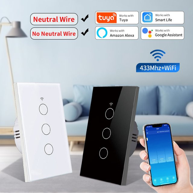 GGBEE Tuya WiFi Smart Lichtschalter mit Touch Panel, Weiß, ohne Neutralleiter, kompatibel mit Alexa und Google Assistant - Bild 1