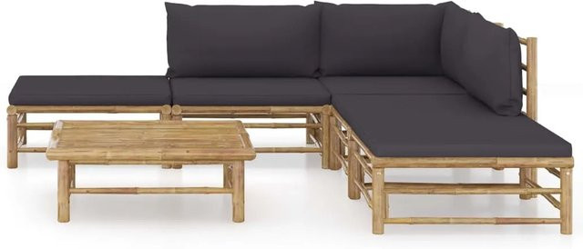 vidaXL 6-tlg Garten-Lounge-Set aus Bambus mit grauen Polsterkissen in L-Form - Bild 1