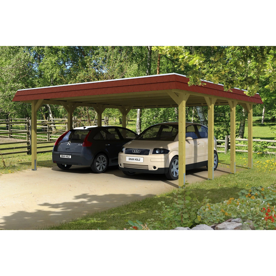 Skan Holz Doppelcarport Spreewald Walmdach aus Nadelholz mit Aluminium-Dachplatten in Rot, B/T: 585 x 589 cm - Bild 2