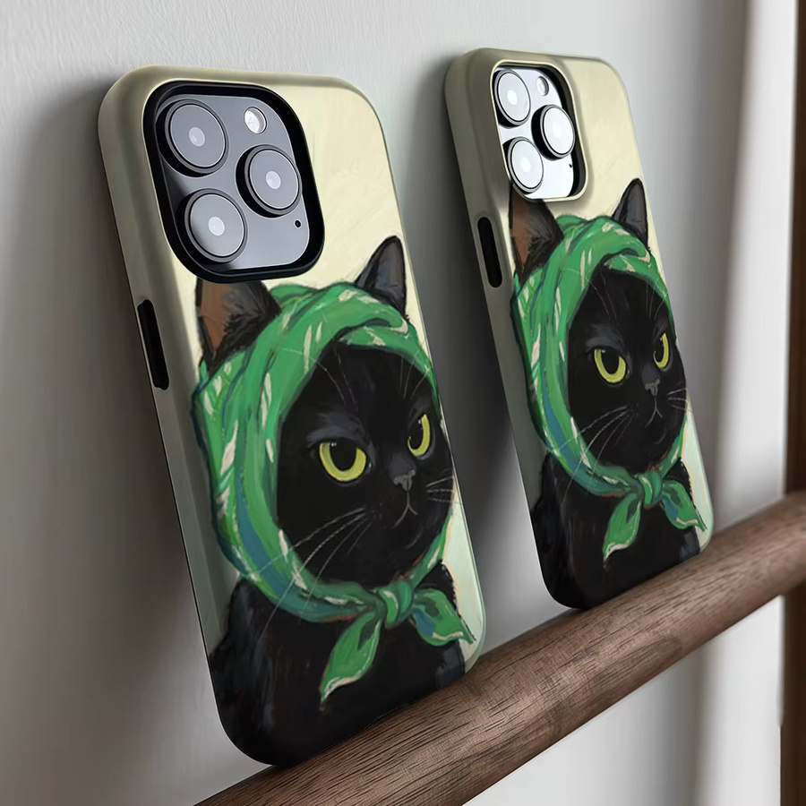 CaseLumi Matte Bumper MagSafe Hülle für iPhone 17 16 15 Pro Max Plus mit Schwarzer Katze und Grünem Kopftuch in Schwarz und Grün - Bild 3