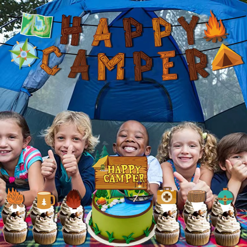 Joy-enlife Outdoor Camping Motto Party Dekoration Set mit Happy Camper Banner, Kuchen Topper und bunten Latex Ballons für Kinder Geburtstage in Mehrfarbig - Bild 3