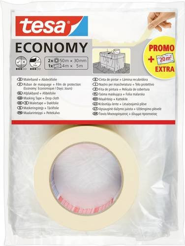 Tesa Economy Malerabdeckband Set in Weiß mit Folie, 2 Rollen à 50 m x 30 mm - Bild 1