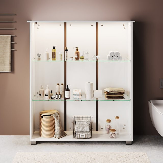 SONNI Badschrank Weiß mit LED-Sensoren und verstellbaren Glasböden, B/T/H: 100 x 26 x 116 cm - Bild 1
