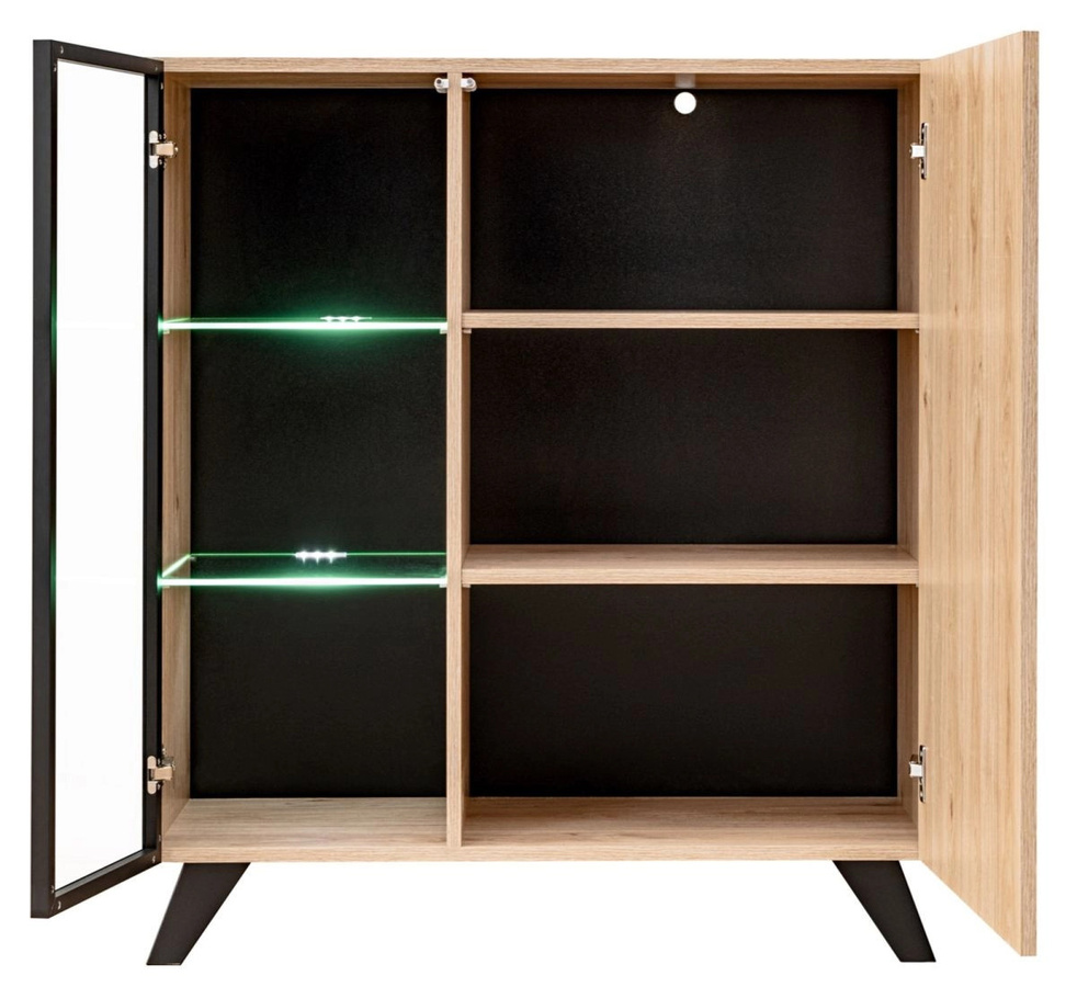 Vitrinenschrank Lines in Eiche und Schwarz mit Glastüren und integrierter Beleuchtung, B: 90 cm, H: 102 cm, T: 40 cm - Bild 5