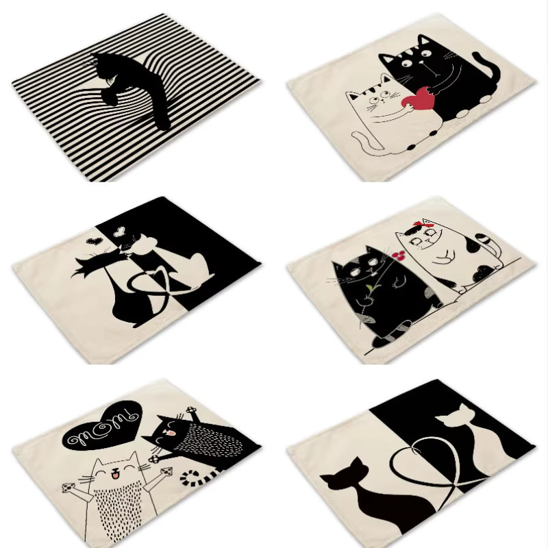 Night Cat Tale Tischset aus Leinen mit schwarzem Katzenmuster in Beige, hitzebeständig und langlebig - Bild 2