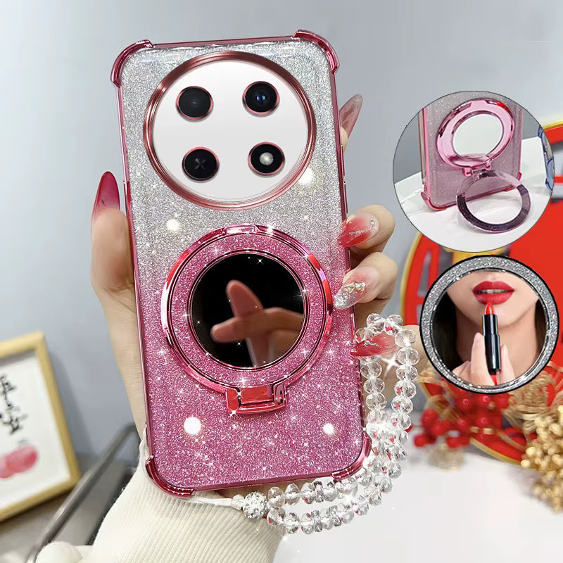 Stoßfeste Handyhülle für Huawei Nova 12i mit Glitzer-Design, Spiegelständer und Perlenarmband in Schwarz oder Pink - Bild 1