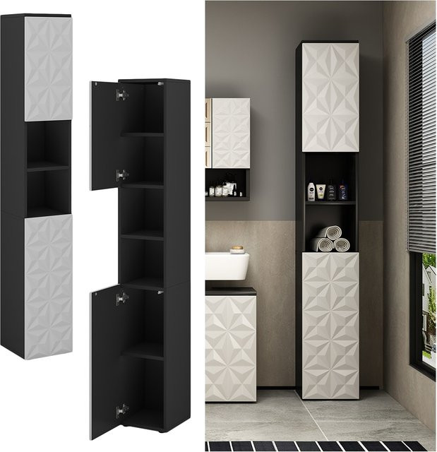 Vicco Badschrank Edge Hochschrank für das Badezimmer in Schwarz/Weiß mit 2 Türen und 6 Fächern, B/T/H: 30 x 22,81 x 190 cm - Bild 1