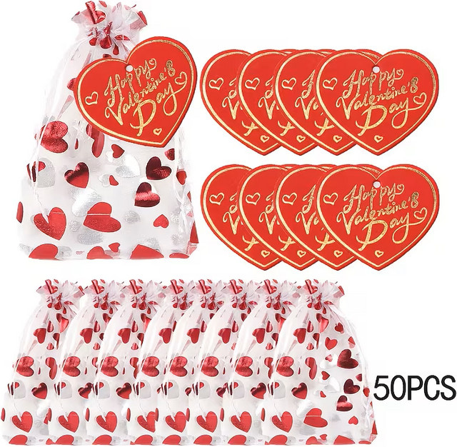 50er-Set rote herzförmige Geschenktüten mit Heißprägrußkarten für den Valentinstag - Bild 1