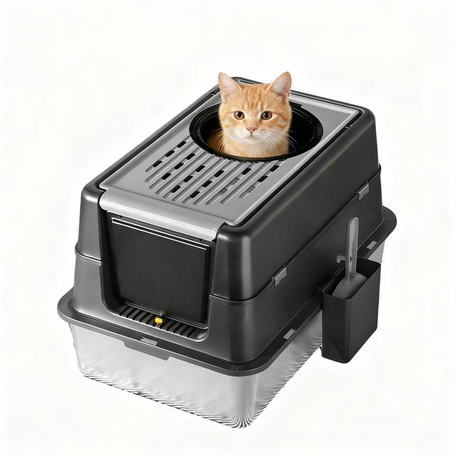 HiMISS Geschlossene Katzentoilette aus Edelstahl mit Deckel in Schwarz und Grau - Bild 1
