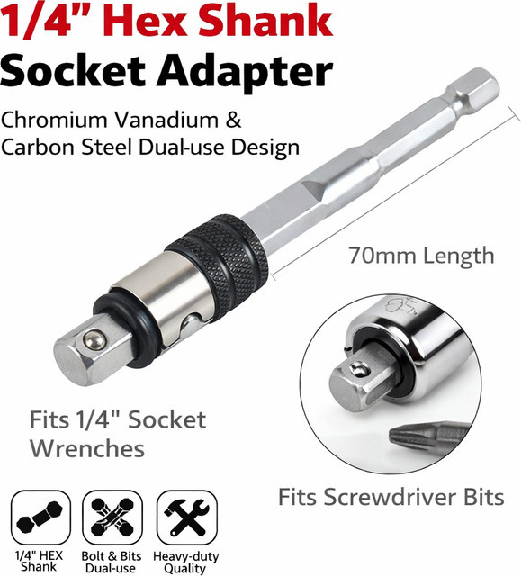 LIQU Sechskant-Steckschlüsseladapter 1/4 Zoll aus Edelstahl in Silber, Länge: 70 mm - Bild 1