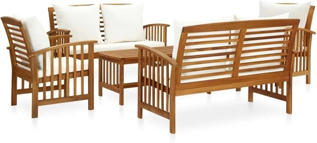 vidaXL 5-tlg Garten-Lounge-Set Modell 10 aus Akazien-Massivholz mit Sitzpolstern und Rückenkissen in Braun und Weiß - Bild 1