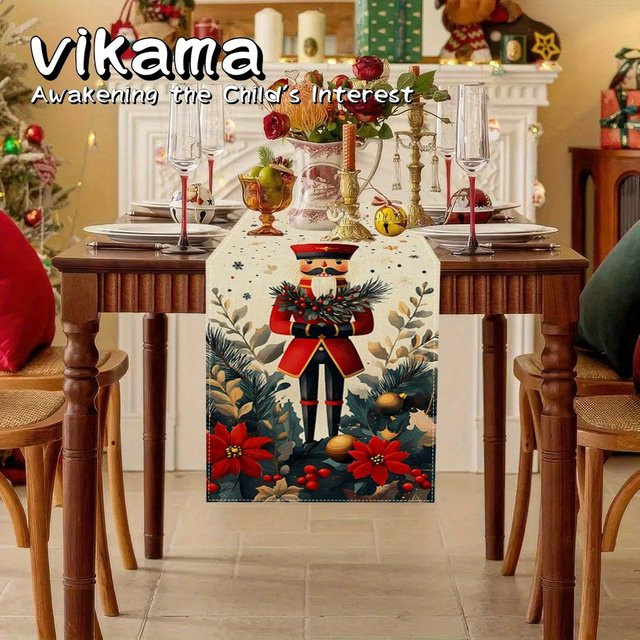 VIKAMA Weihnachts-Tischläufer mit Soldat und Blumenbeerenmuster in Kastanienbraun und Multicolour, Rechteckig, B/T: 90 x 33 cm - Bild 1
