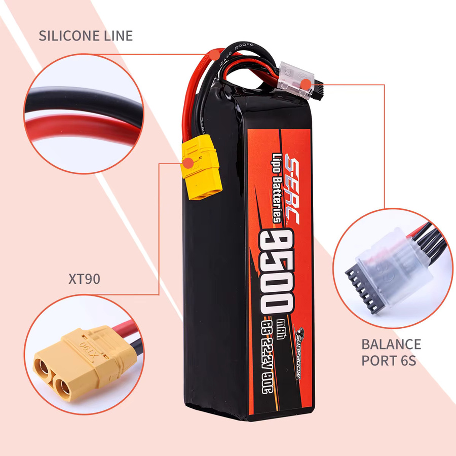 SUNPADOW 9500 mAh 6S RC Lipo Akku mit 22,2 V und 90C für RC Flugzeuge, Quadcopter, Drohnen und FPV Hubschrauber mit XT90 Anschluss - Bild 3