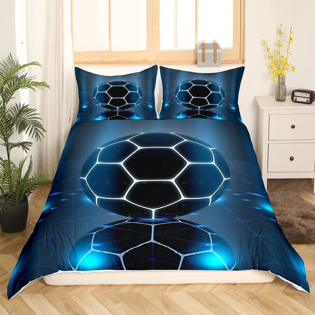 Fußball Bettwäsche Set mit handgezeichneter Skizze und Flaggen-Design von Binchi Outdoor Product in Blau, B/H: 140 x 210 cm - Bild 1