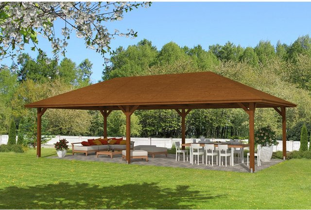 Skan Holz Pavillon Orleans 4 aus Fichte in Nussbaum braun lackiert, Breite: 489 cm, Tiefe: 966 cm - Bild 1