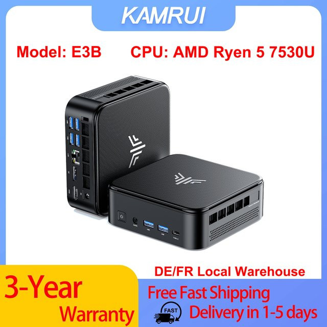 KAMRUI E3B Mini-PC Gaming mit AMD Ryzen 5 7530U, 16GB RAM, 512GB ROM, WiFi6, Bluetooth 5.2, 4K Display Support, Schwarz - Bild 1