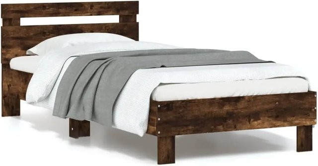 vidaXL Bettgestell mit Kopfteil, LED-Leuchten und USB-Anschluss in Räuchereiche, B/T/H: 90 x 190 x 95 cm - Bild 1