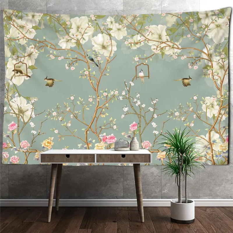 Super Six Wandbehang im Bohemian Stil mit Blumen und Vögeln in Grün, Textil-Wanddekoration, Breite: 95 cm, Höhe: 70 cm - Bild 4
