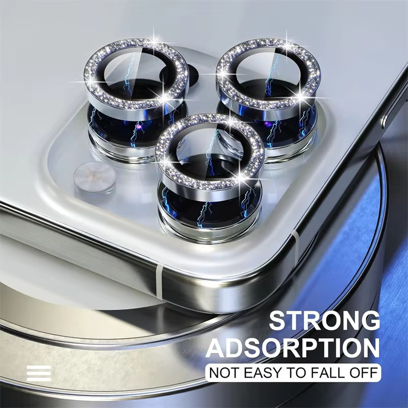 Diamant Metall Kameraobjektivschutz für iPhone 11 12 13 14 15 Pro Max Mini und Plus in Silber und Purple - Bild 2