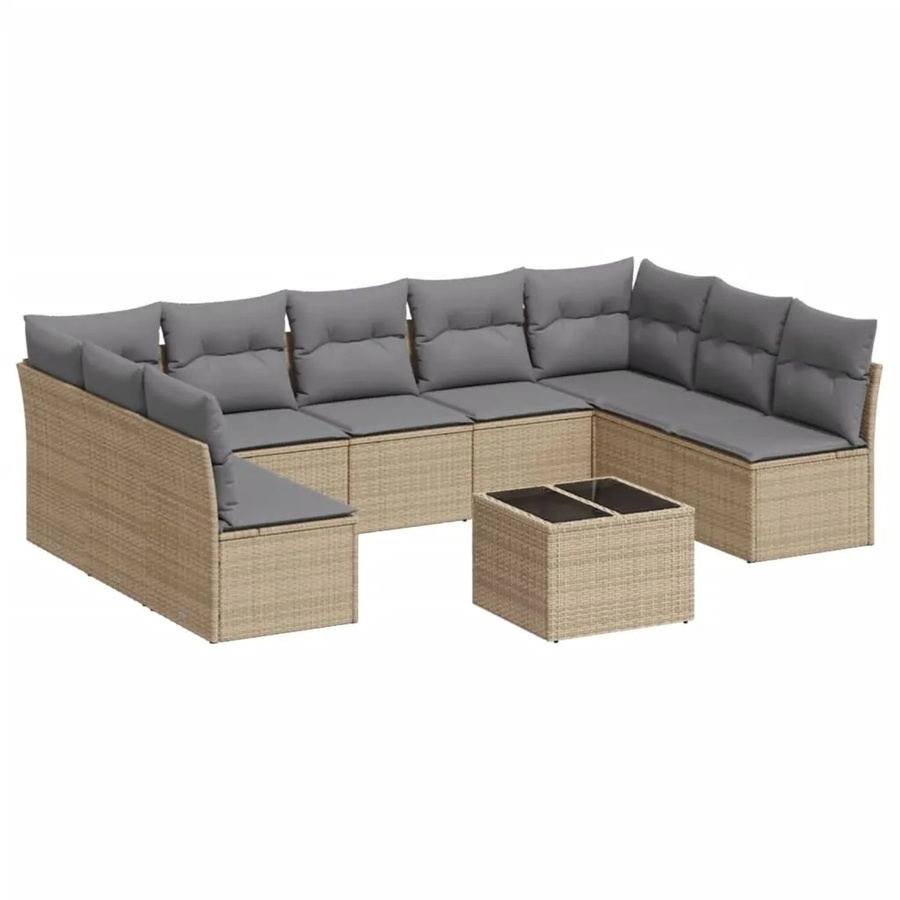 vidaXL 10-tlg. Garten-Sofagarnitur aus Poly-Rattan in Beige-Grau mit Tisch und Kissen inklusive Stauraum - Bild 2