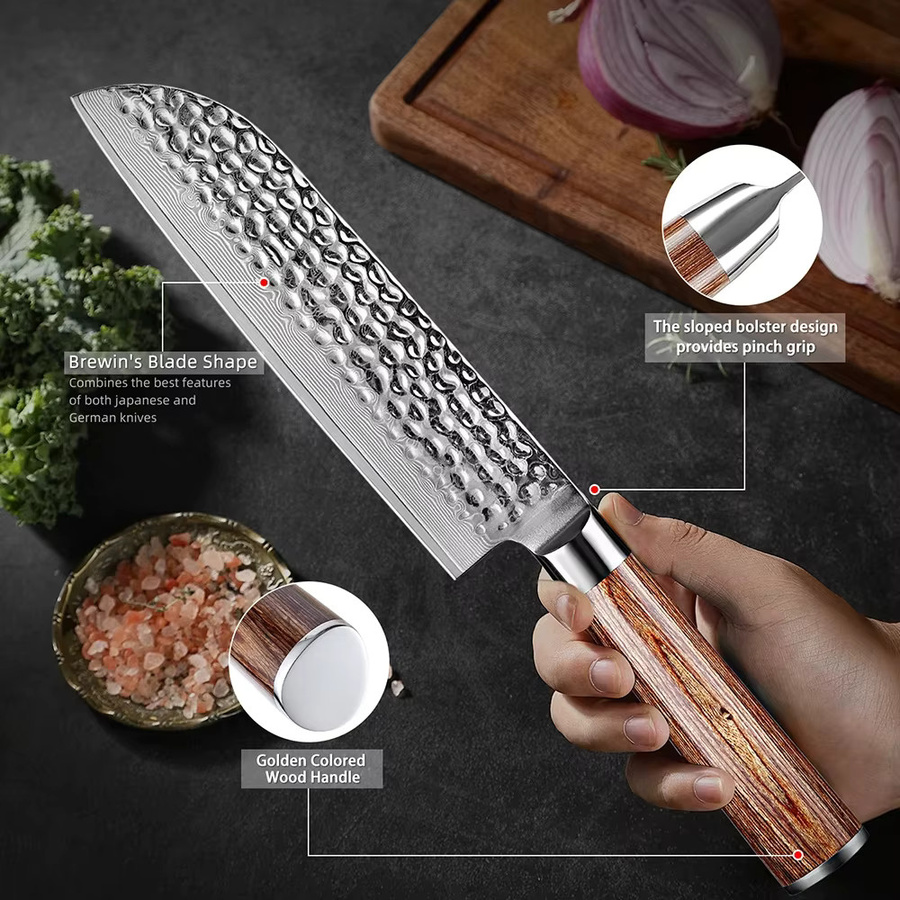 Xituo Santoku Damast-Küchenmesser aus 67-lagigem japanischem Damaststahl mit goldenem Holzgriff, 7 Zoll - Bild 3