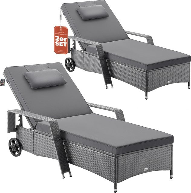 Casaria Polyrattan Gartenliege 2er-Set Grau/Anthrazit mit verstellbarer Rückenlehne und Rollen, B/T/H: 193 x 90 x 43 cm - Bild 1