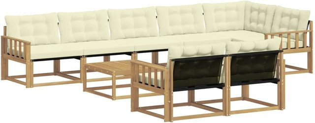 vidaXL Outdoor-Sofagarnitur aus Akazienholz in L-Form mit Textilene-Bezug und Polstern, 9-teiliges Set, Weiß und Beige, B/T/H: 79 x 79 x 37 cm - Bild 1