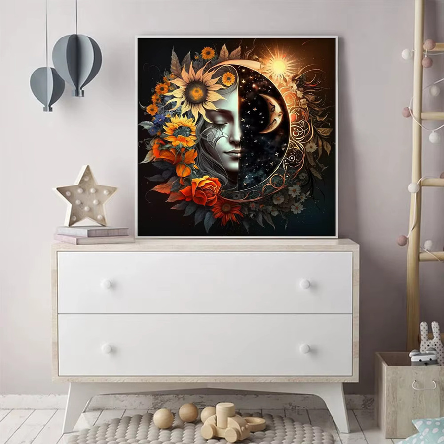 Momoart DIY Diamant-Mosaik Set mit abstrakter Landschaft, Frau, Blume und Mond in Mehrfarbig, rundes Diamant-Gemälde für moderne Wandkunst - Bild 3