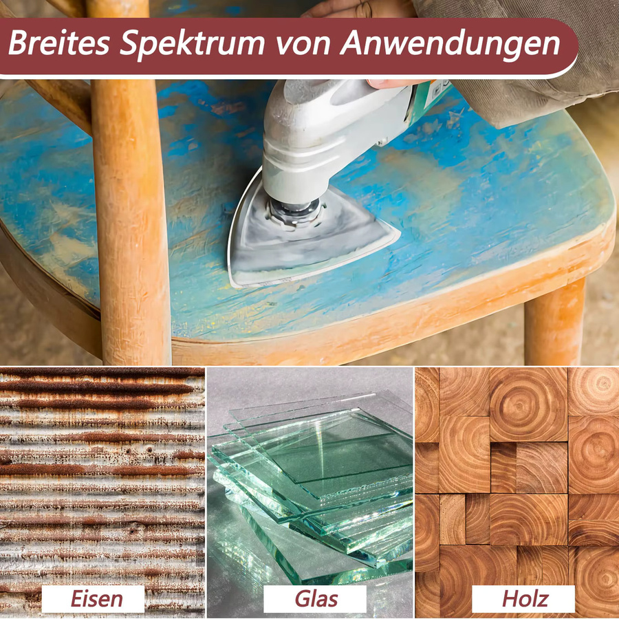 Vibratite Schleifpapier-Set für Multischleifer mit Klettverschluss, 60 Stück, Körnungen 40–1200, dreieckig, B/B/H: 9 x 9 x 0,9 cm, für Holz und Metall - Bild 6