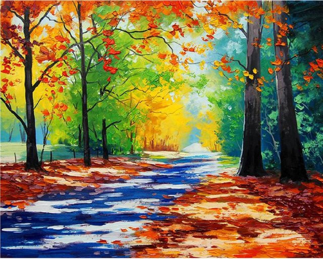 FIYO DIY Diamantmalerei Landschaft Wald mit runden Steinen in Gelb und Multicolour, B/H: 30 x 20 cm - Bild 1