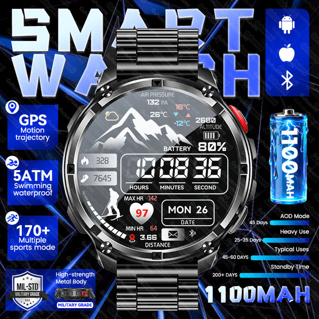 GUHUAVMI Militär-Smartwatch für Herren in Schwarz mit GPS, 5ATM Wasserdichtigkeit und Bluetooth-Anruffunktion sowie 1100mAh Akku - Bild 1