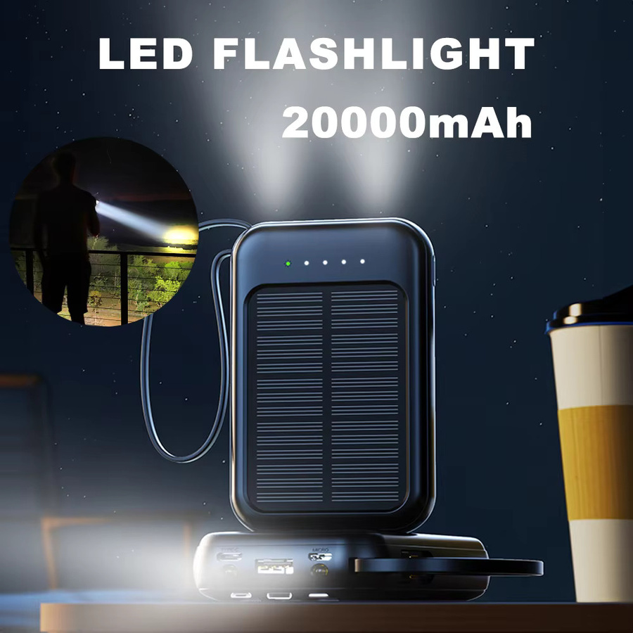 Solar-Powerbank für den Außenbereich mit 20.000 mAh, integrierten 4 Kabeln und LED-Licht in Schwarz - Bild 4