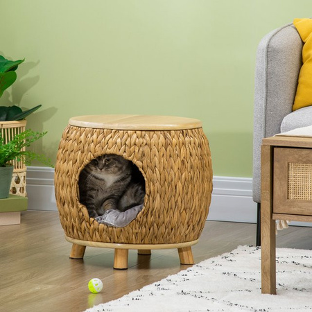 PawHut Katzenhöhle aus Rattan im 2-in-1 Design als Katzenkorb mit Kissen in Hellbraun