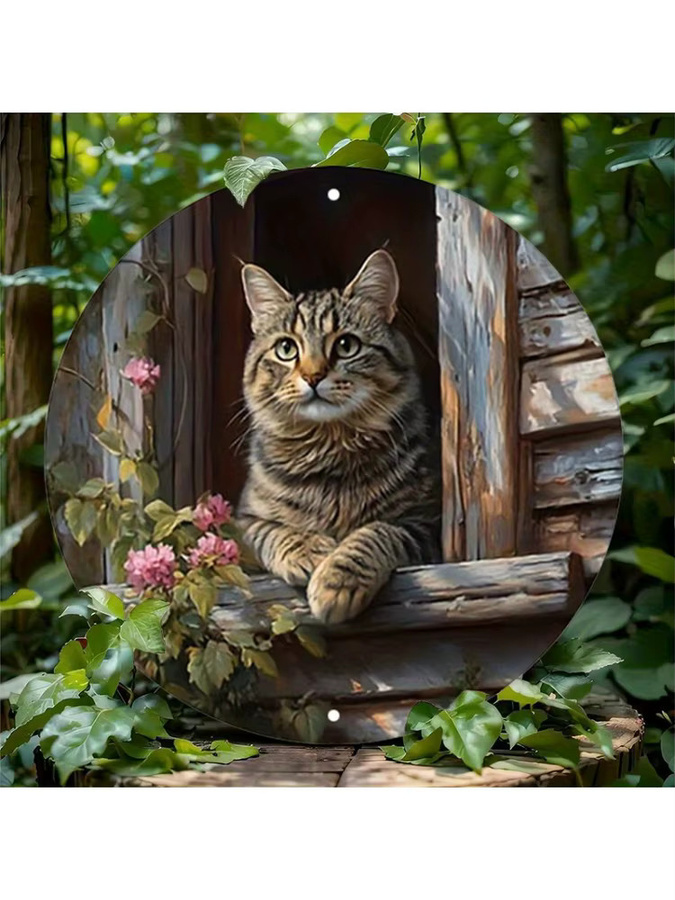 Rustikales Aluminium-Metallschild von Potdemiel mit Tabby-Katze und Blumen, rund, Mehrfarbig, Durchmesser: 20 cm - Bild 5