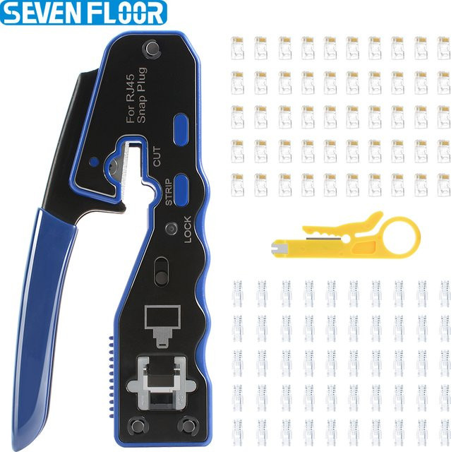 RJ45 Crimpzange Set für Cat6 und Cat5E mit 50 Stück 8P8C Steckern, transparenten Schutzkappen und Mini-Abisolierzange in Gelb und Transparent - Bild 1