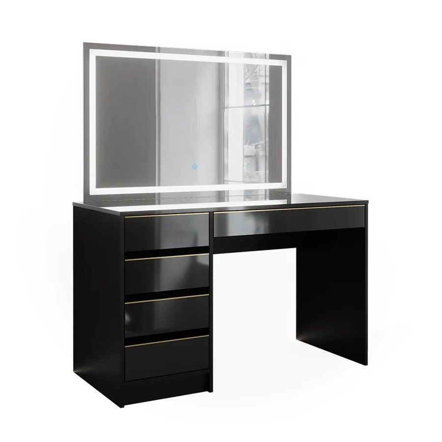 Vicco Schminktisch Sherry in Schwarz Hochglanz mit Gold-Akzenten, LED-Spiegel und 5 Schubladen, B: 120 cm, T: 75 cm, H: 75 cm - Bild 3