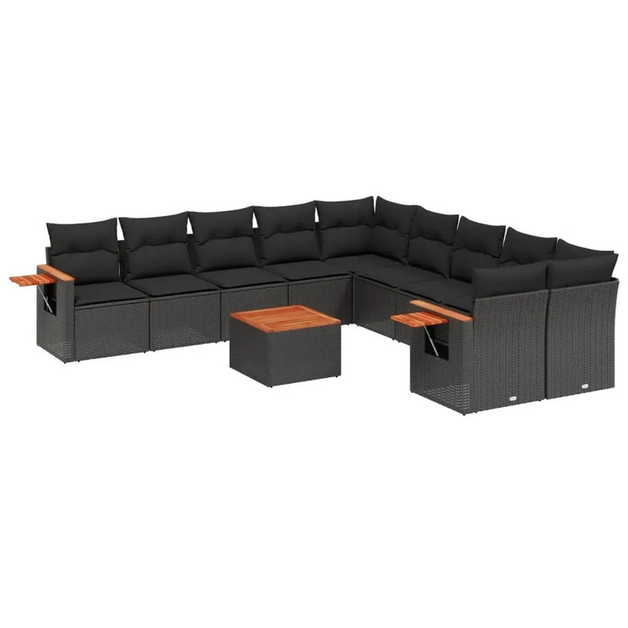 vidaXL 11-tlg. Garten-Sofagarnitur in L-Form aus Polyrattan und Akazienholz mit Kissen in Schwarz - Bild 2