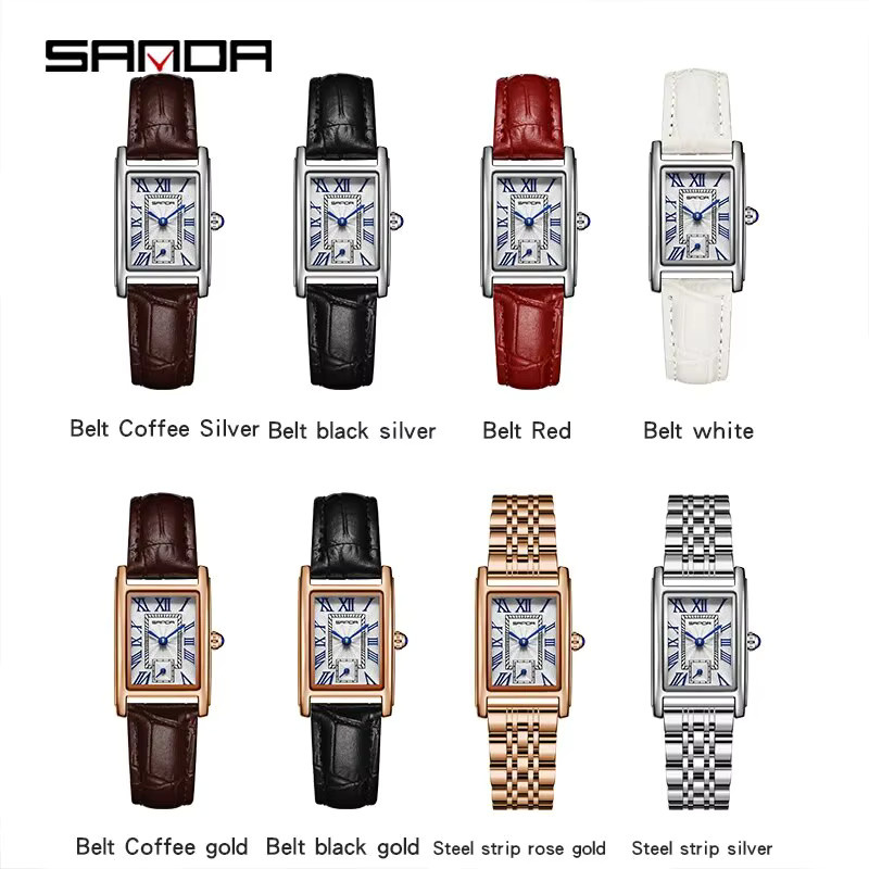 SANDA Armbanduhr, Quarz, rechteckig, Leder, Gold, Weiß, Damen - Bild 5