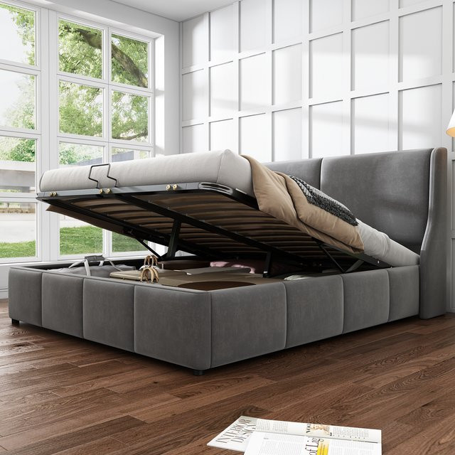 Doppelbett Okwish mit Stauraum und hydraulischem System aus Samt in Grau, B/T: 140 x 200 cm - Bild 1