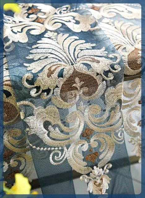 ZJBYZHOUSEHOLD Gaze-Vorhang mit blauer Begonie-Stickerei in Blau, transparent und modern im nordischen Stil - Bild 1