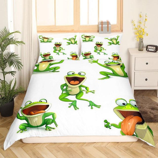 Binchi Outdoor Product Kawaii Frosch Bettwäsche Set mit Cartoon Tier Motiv, Weiß, 3-teilig, B: 155 cm, H: 215 cm - Bild 1
